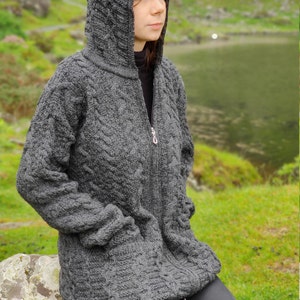 Irish Aran Long Hooded Cardigan With Pockets Charcoal 100% Pure New Wool / Pure Soft Merino Wool Really Warm & Chunky MADE IN IRELAND image 6