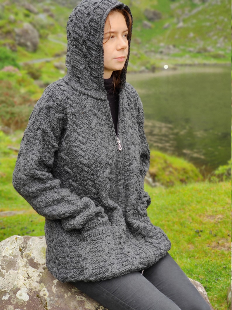 Irish Aran Long Hooded Cardigan With Pockets Charcoal 100% Pure New Wool / Pure Soft Merino Wool Really Warm & Chunky MADE IN IRELAND image 6