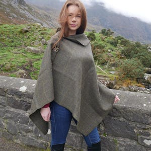 Irish Donegal Tweed Wool Cape, Poncho & Shawl - 100% Pure New Irish Wool - Moss/Army Green With Yellow Overcheck - HANDMADE IN IRELAND