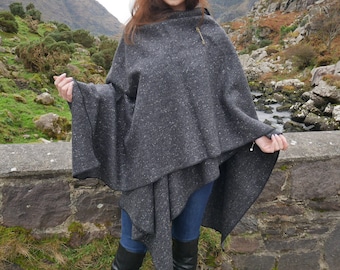 Irish Donegal Tweed Wool Ruana, Cape, Wrap, Cloak - Charcoal/ Grey