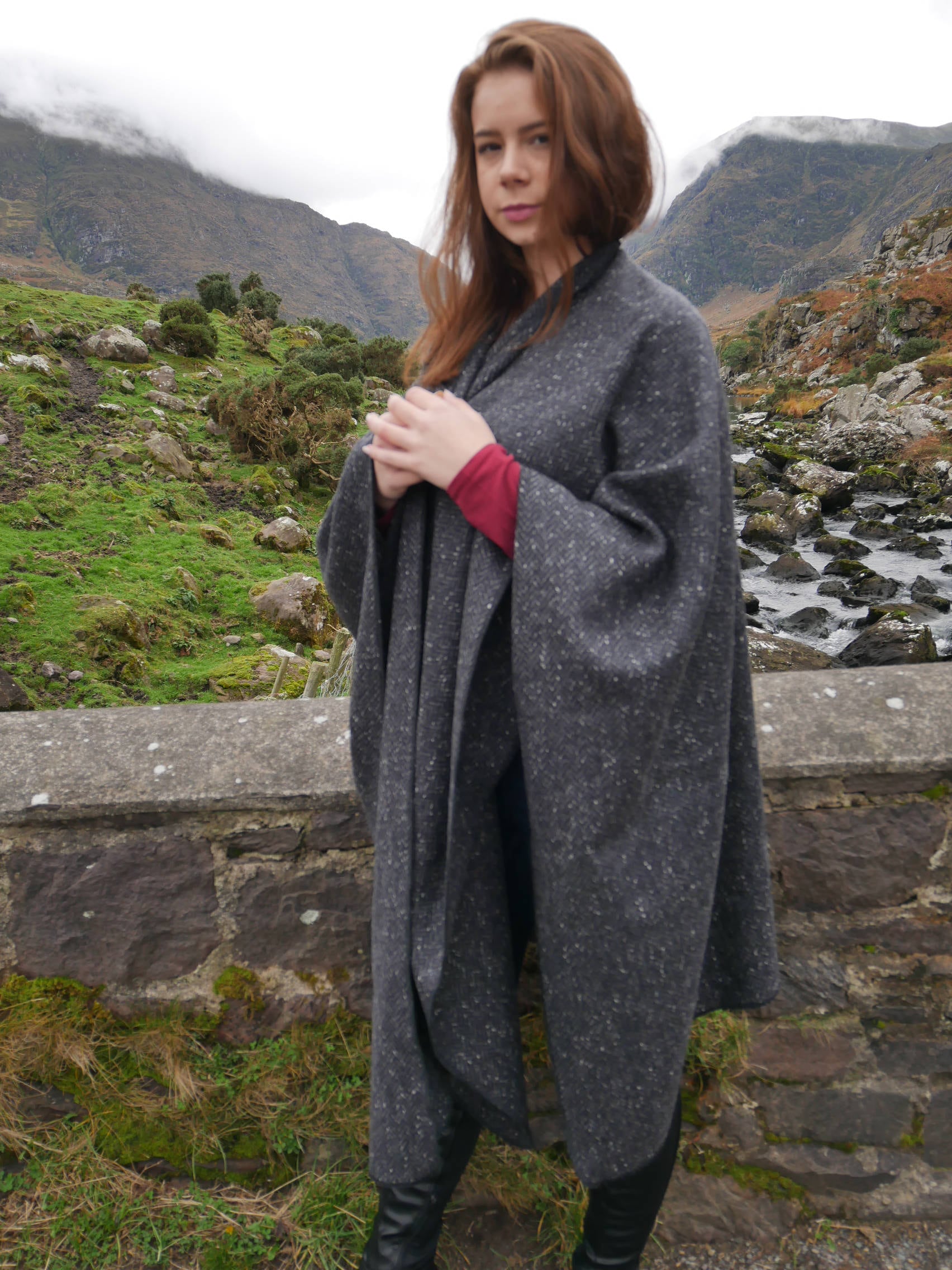 Irish Donegal Tweed Wool Ruana, Cape, Wrap, Cloak - Charcoal/ Grey Salt ...