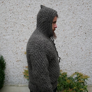 Irish Medieval sweater hooded dragon scale pattern 100% raw wool-organic-hand spun wool yarn UNDYED grey Hand knitted in Ireland image 8