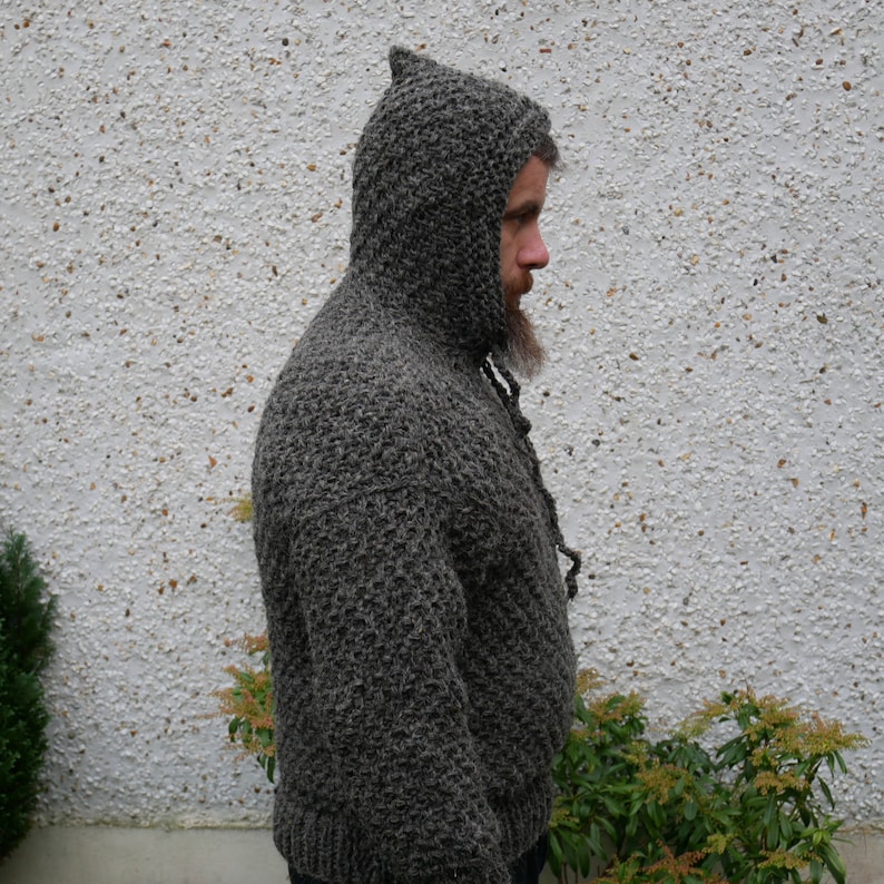 Irish Medieval sweater hooded dragon scale pattern 100% raw wool-organic-hand spun wool yarn UNDYED grey Hand knitted in Ireland image 8