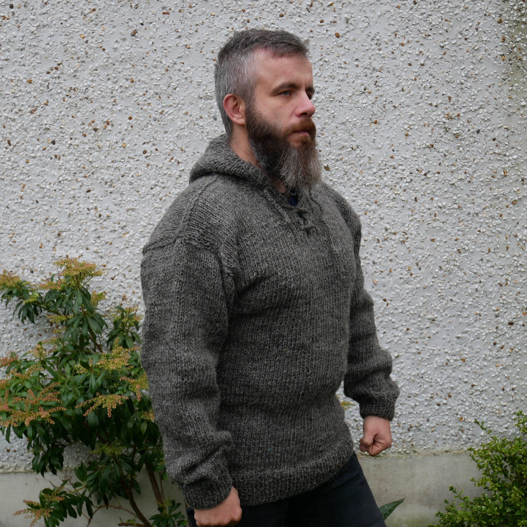 Authentic Irish Fisherman sweater -hooded -ribbed pattern-grey- 100% ...