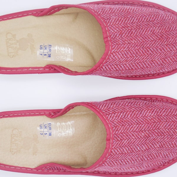 Womens Irish tweed & leather slippers - house shoes - red herringbone - HANDMADE IN IRELAND