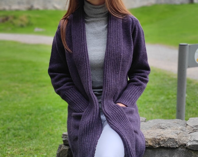 Rib Edge Knitted Long Ladies Jacket with Pockets - 100% Pure New Soft Lambswool -Elderberry Purple- really warm&chunky - HANDMADE IN IRELAND