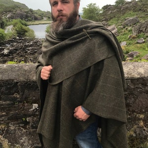 Irish Donegal Tweed Wool Ruana, Cape - Green With Yellow Overcheck - 100% Pure New Wool - Limited Stock! - Unisex - HANDMADE IN IRELAND