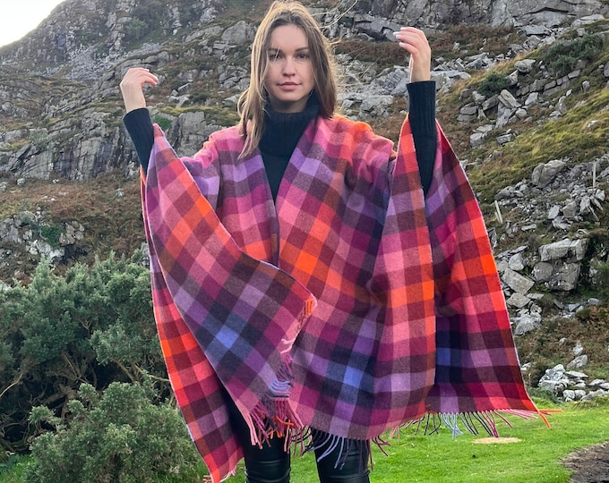 Elegant Pure Lambswool Cape - Handmade in Ireland - Pink Peony Viola Orange Check