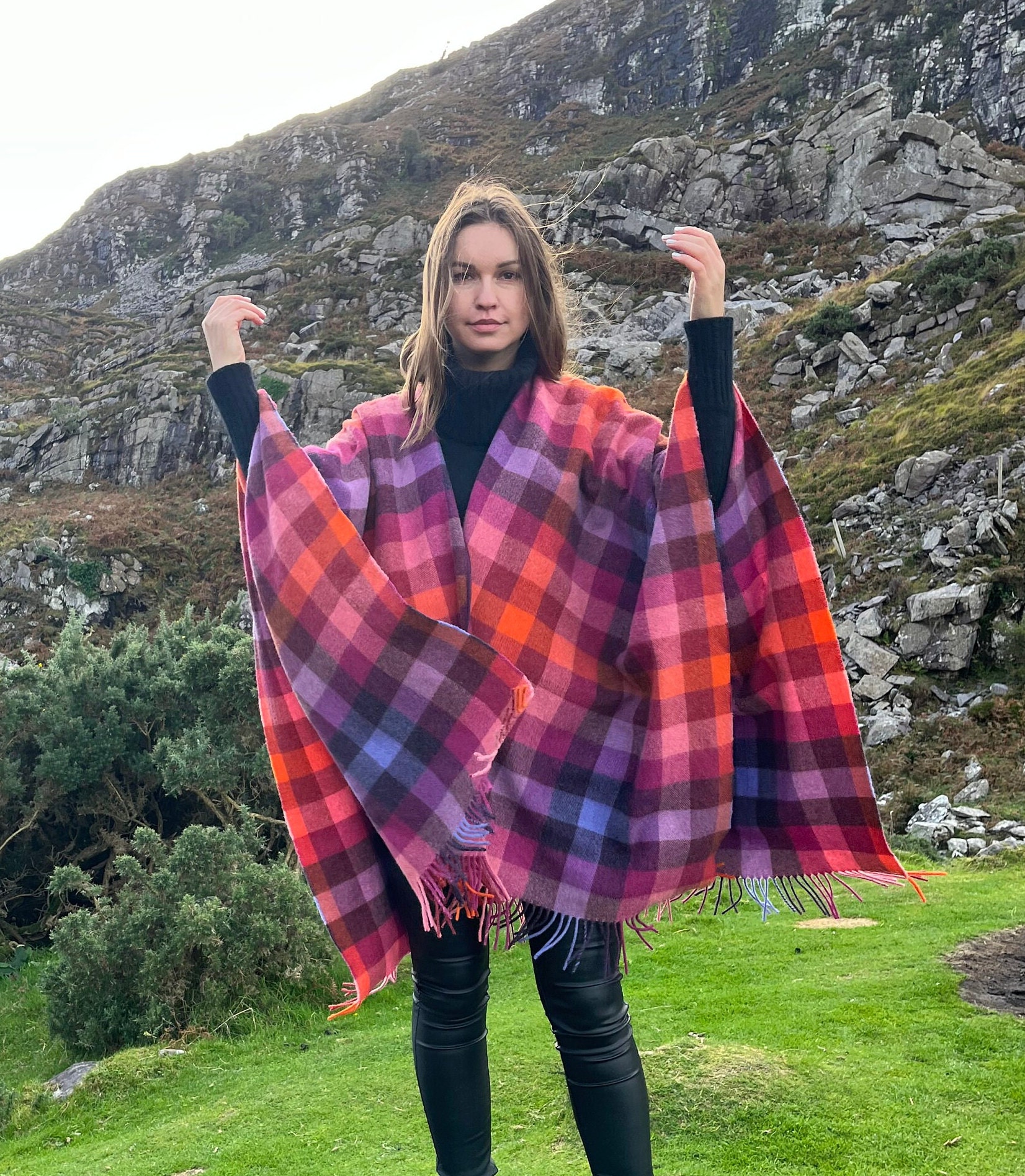 Hooded Irish Pure Lambswool Cape, Ruana, Wrap , Shawl - 100% Pure New Wool  - Grey Denim Check - Supersoft - HANDMADE IN IRELAND