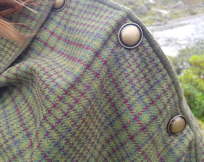 Irish soft lambswool poncho, cape, shawl in 1 piece! green/yellow/burgundy/purple tartan,plaid check -100% pure new wool-HANDMADE IN IRELAND