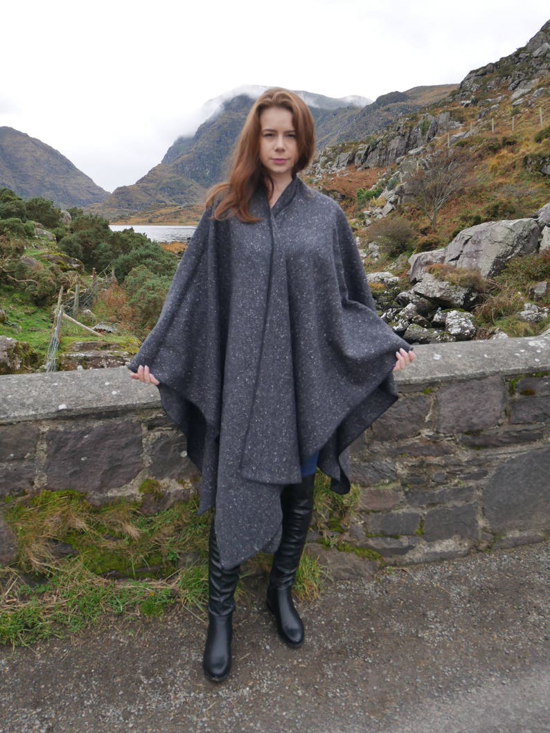 Irish Donegal Tweed Wool Ruana, Cape, Wrap, Cloak Charcoal/ Grey Salt & Pepper Herringbone Heavy Tweed Unisex HANDMADE IN IRELAND image 3