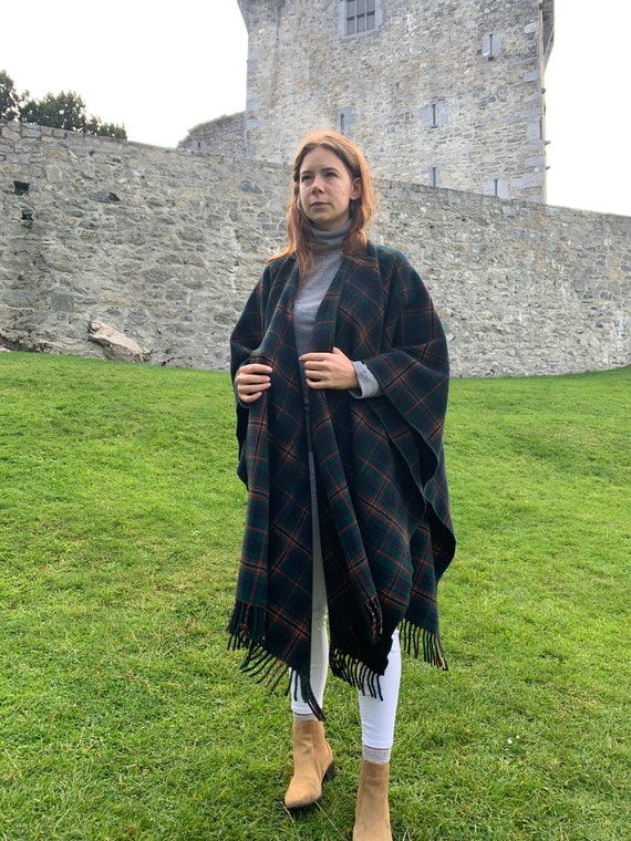 Irish Pure Lambswool Cape, Ruana, Wrap , Shawl - 100% Pure New Wool -  grey/blue check - supersoft - one size fits all - HANDMADE IN IRELAND