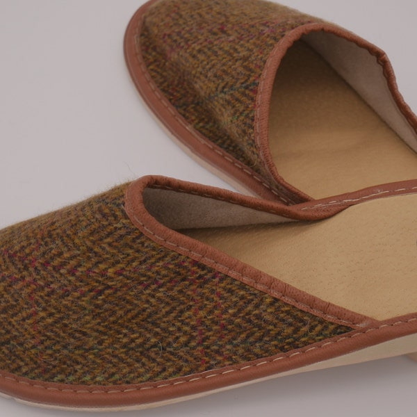 Womens Irish tweed & leather slippers - brown/bronze herringbone with overcheck - MADE IN IRELAND