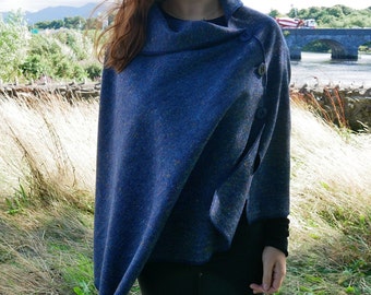 Versatile 3in1 - Irish tweed poncho, cape & shawl - speckled navy/blue - melange - ready for shipping - HANDMADE IN IRELAND