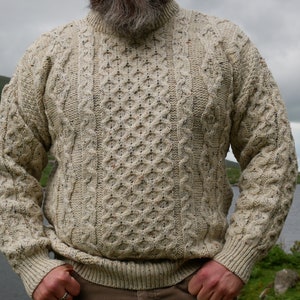 Traditional Aran Sweater 100% Pure New Wool Cream With Multicolour Fleck Nep Really Warm And Chunky MADE IN IRELAND image 5