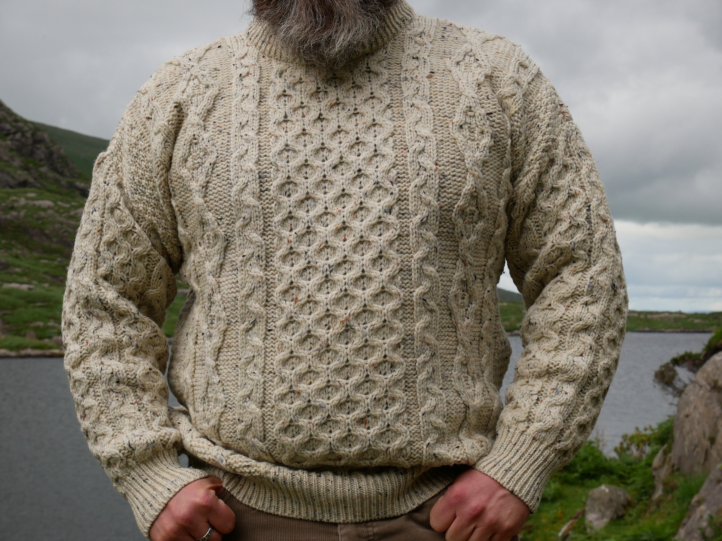 Traditional Aran Sweater - 100% Pure New Wool - Cream With