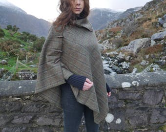 Versatile 3in1-Irish tweed wool poncho, cape & shawl - green Irish tartan / plaid check -100% wool - HANDMADE IN IRELAND