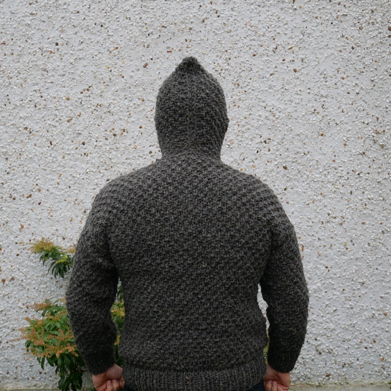 Irish Medieval sweater hooded dragon scale pattern 100% raw wool-organic-hand spun wool yarn UNDYED grey Hand knitted in Ireland image 7