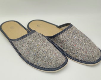 Irish Donegal tweed & genuine leather slippers - hardened foam sole - speckled grey/ with flecks - ready for shipping - MADE IN IRELAND