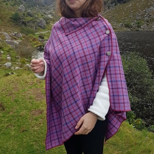 Irish soft lambswool poncho, cape, shawl in 1 piece! purple with multicolour check - 100% pure new wool - HANDMADE IN IRELAND