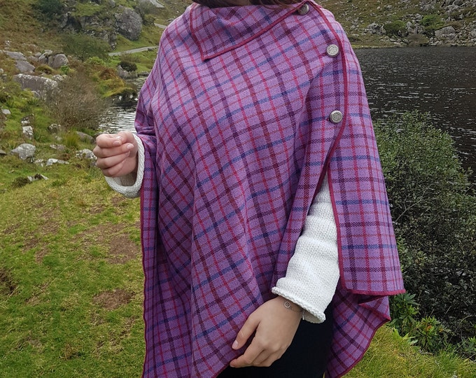 Irish soft lambswool poncho, cape, shawl in 1 piece! purple with multicolour check - 100% pure new wool - HANDMADE IN IRELAND