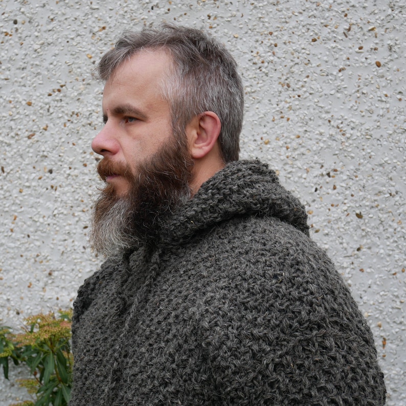 Irish Medieval sweater hooded dragon scale pattern 100% raw wool-organic-hand spun wool yarn UNDYED grey Hand knitted in Ireland image 2