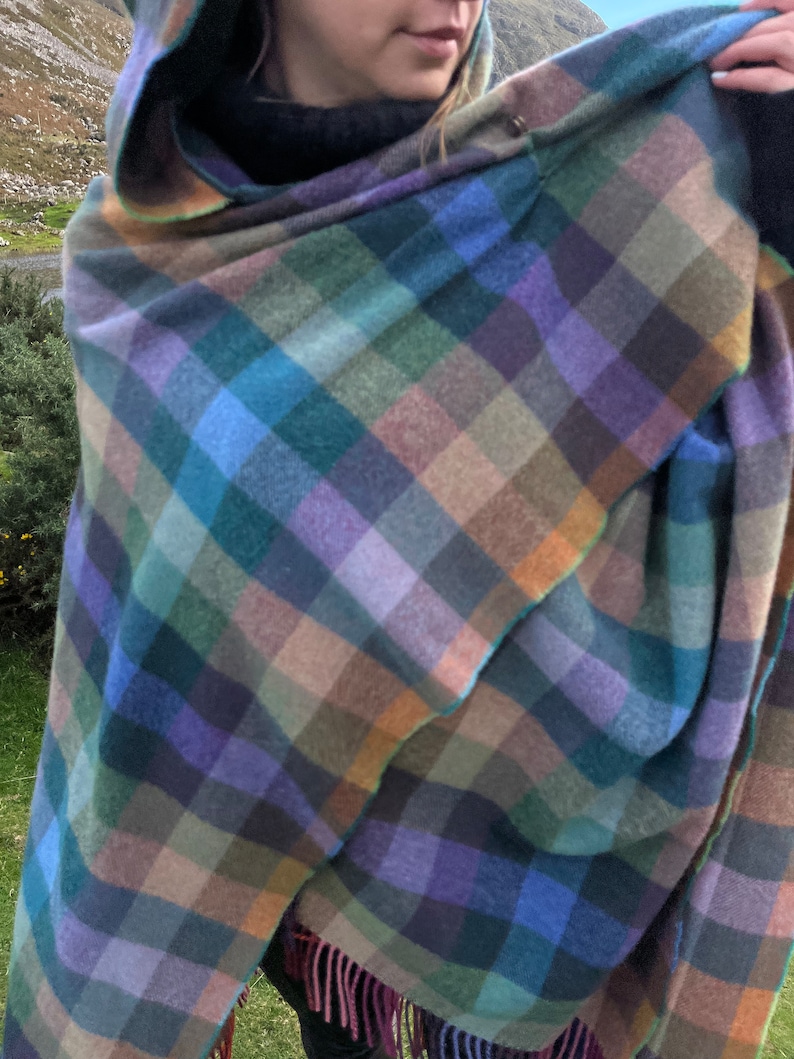 Hooded Supersoft Lambswool Cape, Ruana, Wrap , Shawl - 100% Pure New Wool - Multicolour Check - One Size Fits All - HANDMADE IN IRELAND image 7