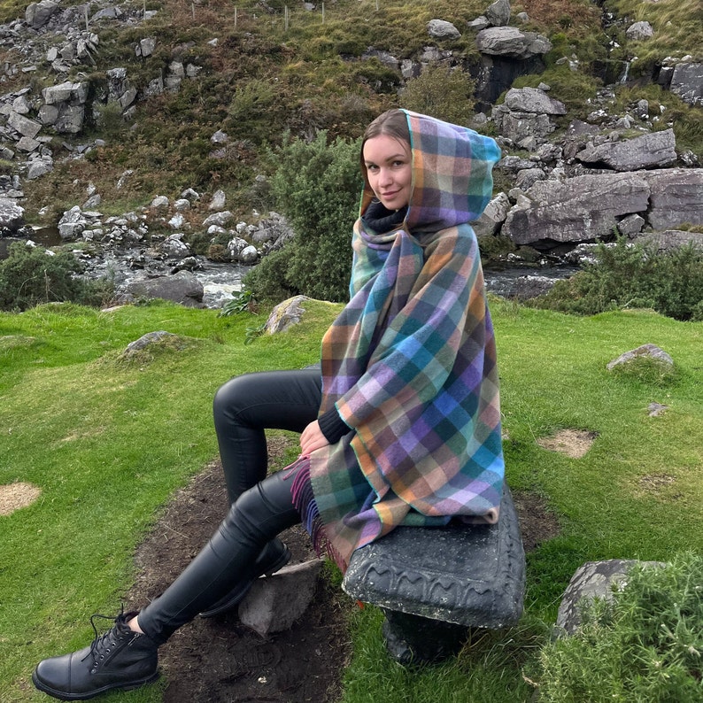 Hooded Supersoft Lambswool Cape, Ruana, Wrap , Shawl - 100% Pure New Wool - Multicolour Check - One Size Fits All - HANDMADE IN IRELAND image 2