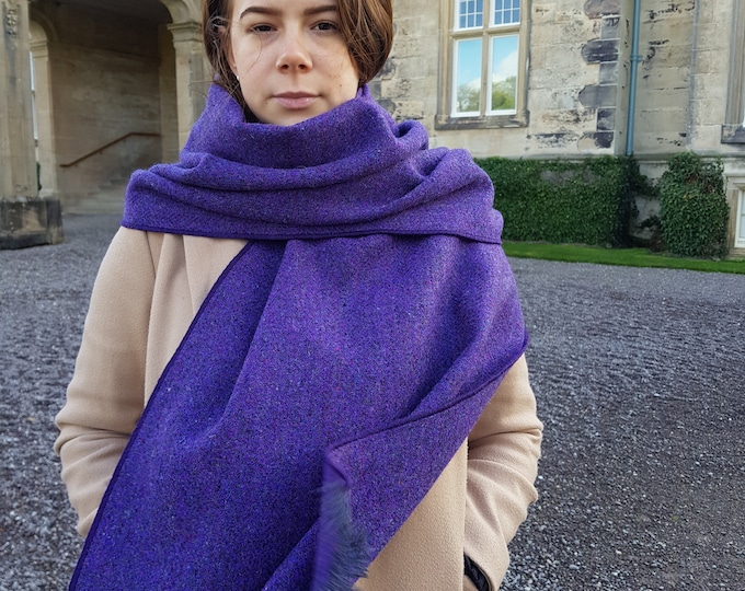 Purple Herringbone Wool Shawl with Pin, Irish Tweed Wrap, Handmade in Ireland