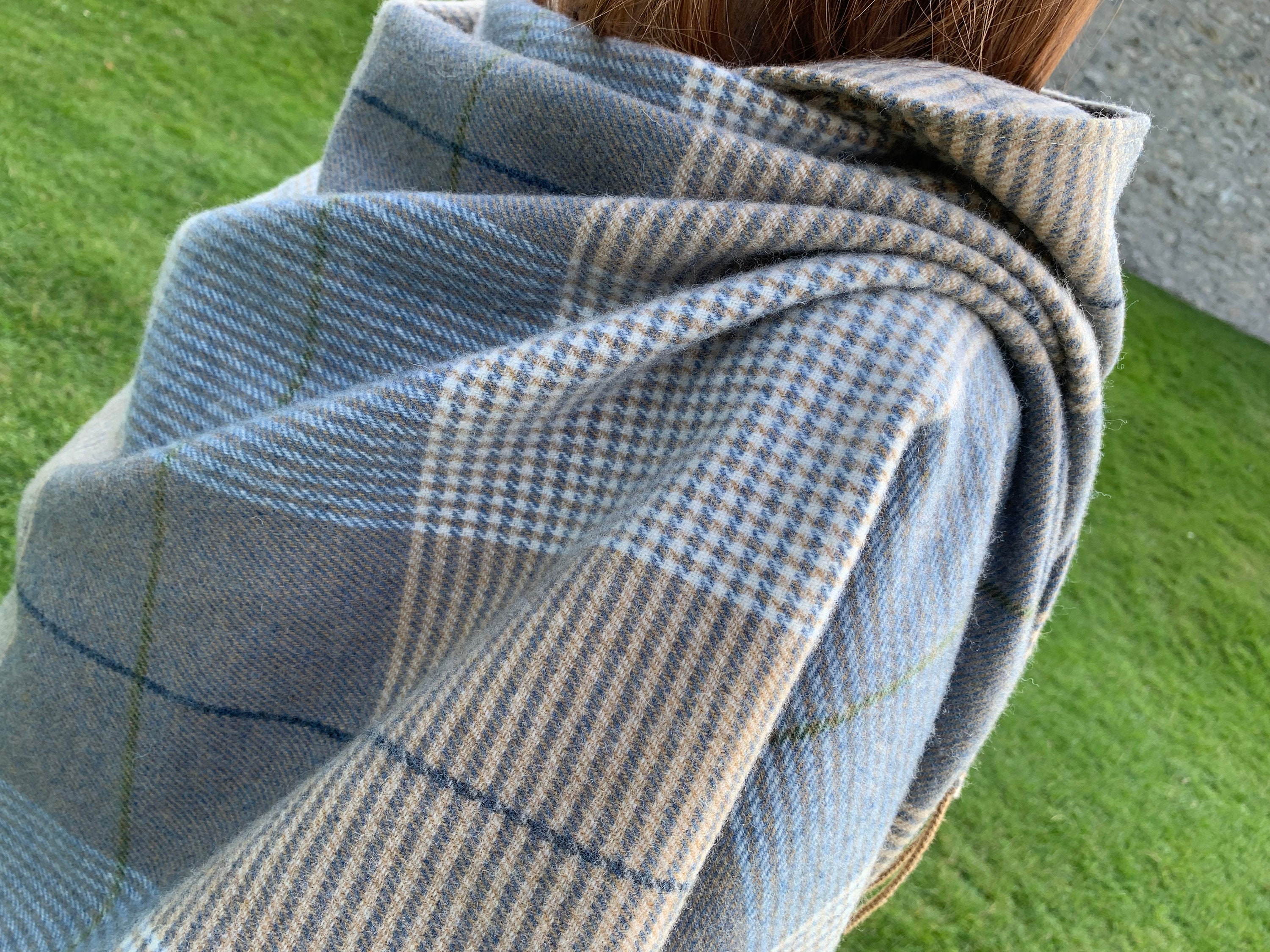 Hooded Irish Pure Lambswool Cape, Ruana, Wrap , Shawl - 100% Pure New Wool  - Grey Denim Check - Supersoft - HANDMADE IN IRELAND