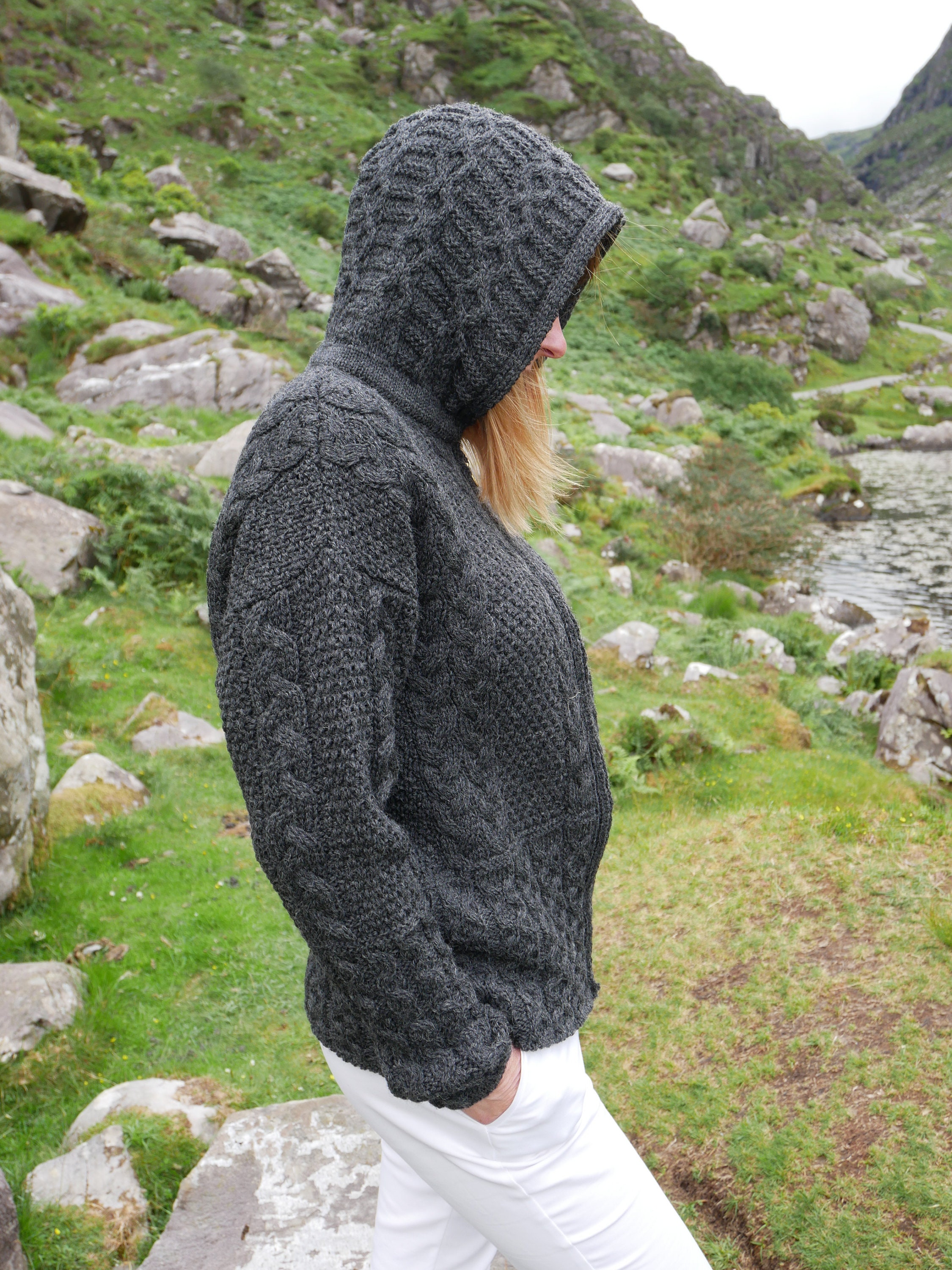 Hooded Aran Zipper cardigan charcoal 100 pure new wool chunky