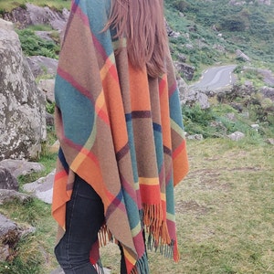 Irish Pure Lambswool Cape, Ruana, Wrap , Shawl - 100% Pure New Wool - multicolour block check - supersoft - HANDMADE IN IRELAND image 8