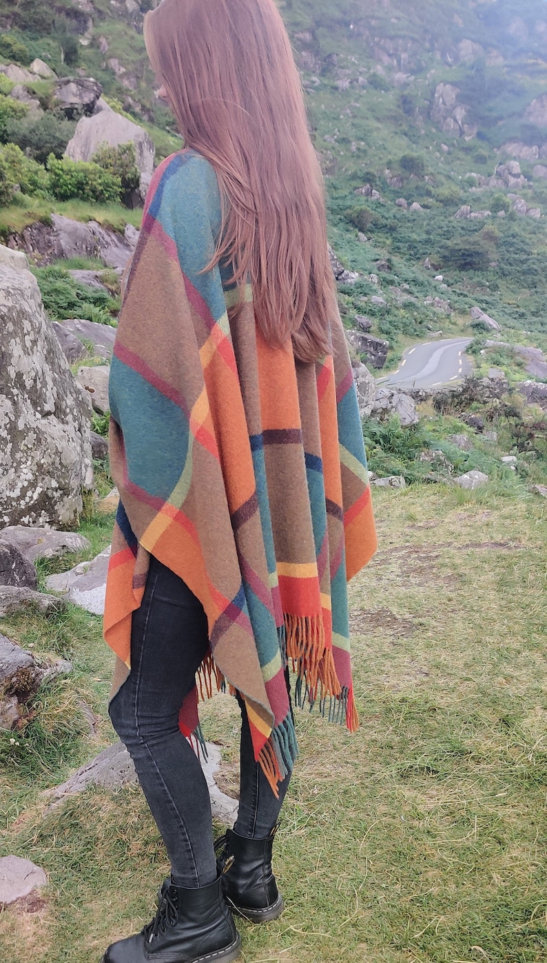 Irish Pure Lambswool Cape, Ruana, Wrap , Shawl - 100% Pure New Wool - multicolour block check - supersoft - HANDMADE IN IRELAND image 8
