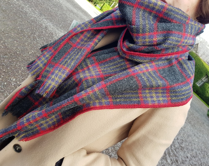 Irish tweed shawl, oversized scarf, stole - graphite/brown/blue/red/yellow tartan, plaid check - 100% pure new wool - HANDMADE IN IRELAND