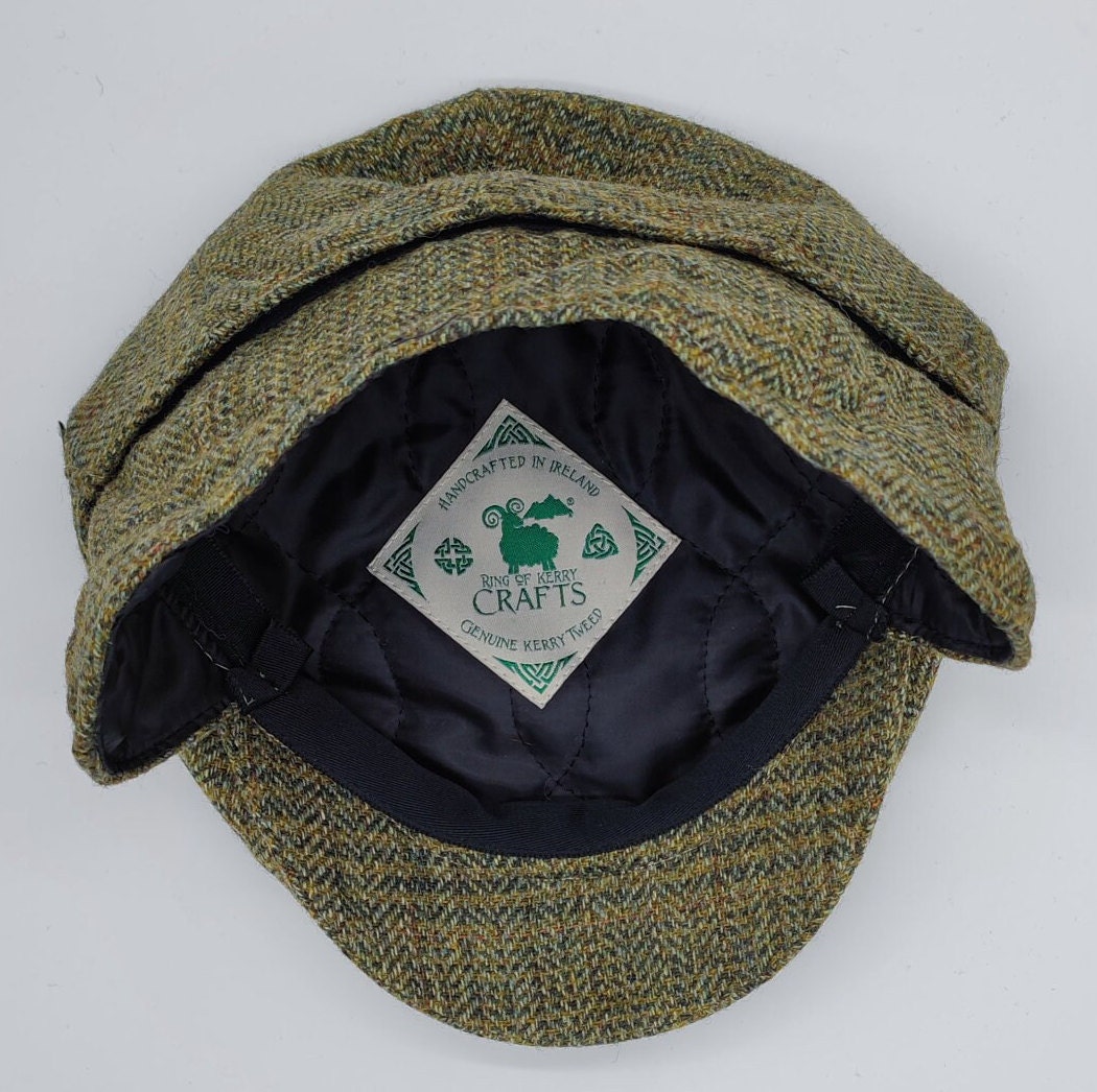 Traditional Irish Tweed Flat Cap With Foldable Ear Flaps Green Tartan