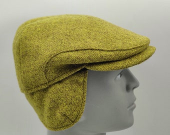Traditional Irish Tweed Flat cap - Paddy Cap - Olive/Lime Green - With Foldable Ear Flaps - 100% Pure New Wool -Padded - HANDMADE IN IRELAND
