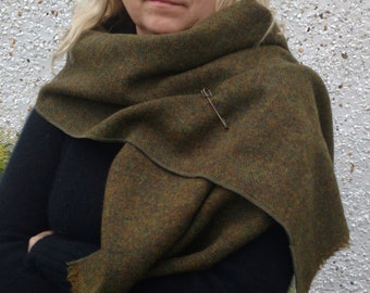 Irish tweed wool shawl-wrap,oversized scarf, stole - speckled brown / melange - 100% pure new wool - green/mustard - HANDMADE IN IRELAND