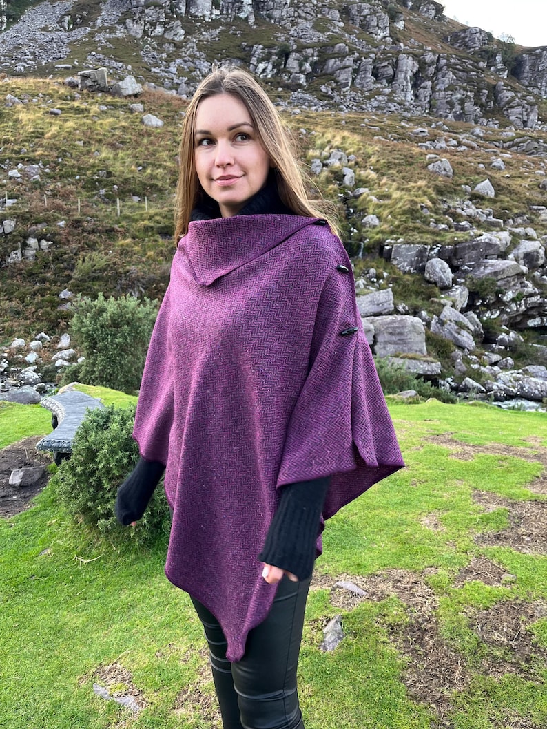 Women's purple clothing - Irish Donegal Tweed Wool Poncho Cape Shawl Skirt Handmade Pure New Wool Wrap -One Size Fits All- Versatile & Multi-Wear in Plum Herringbone
