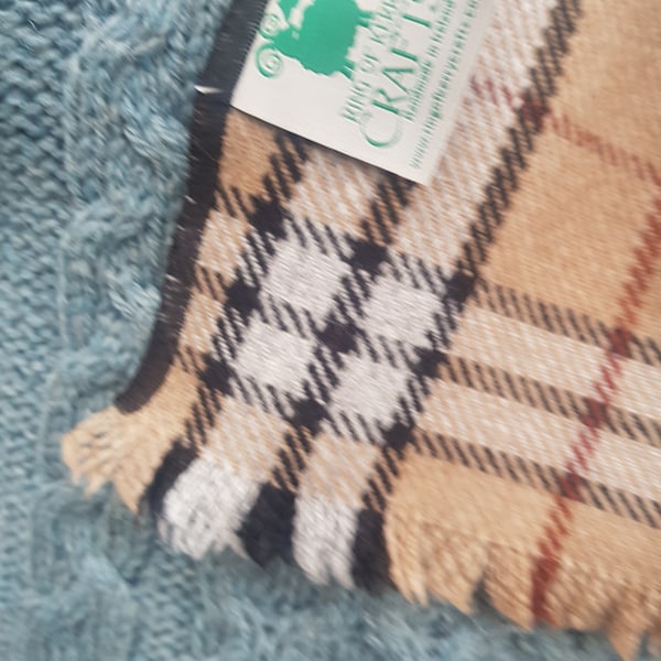 Irish soft lamswool wool scarf - 100% pure new wool - camel/white/black tartan, plaid check - unisex - hand fringed - HANDMADE IN IRELAND