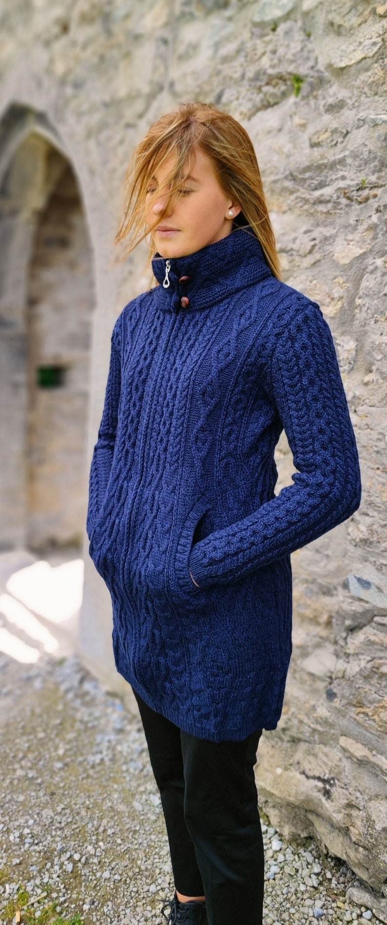 Irish Aran Ladies Zipper Long Cardigan / Jacket With Pockets 100% Pure Merino Wool Deep Water Blue / Navy Soft&Chunky MADE IN IRELAND image 4