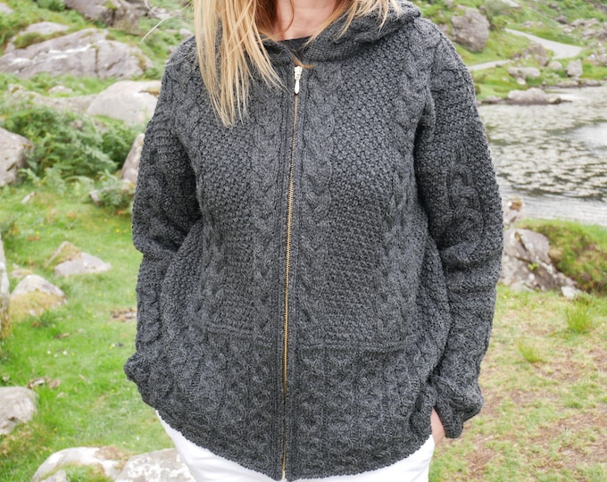 Hooded Aran Zipper Cardigan - Charcoal - 100% Pure New Wool - Chunky & Heavy - MADE IN IRELAND