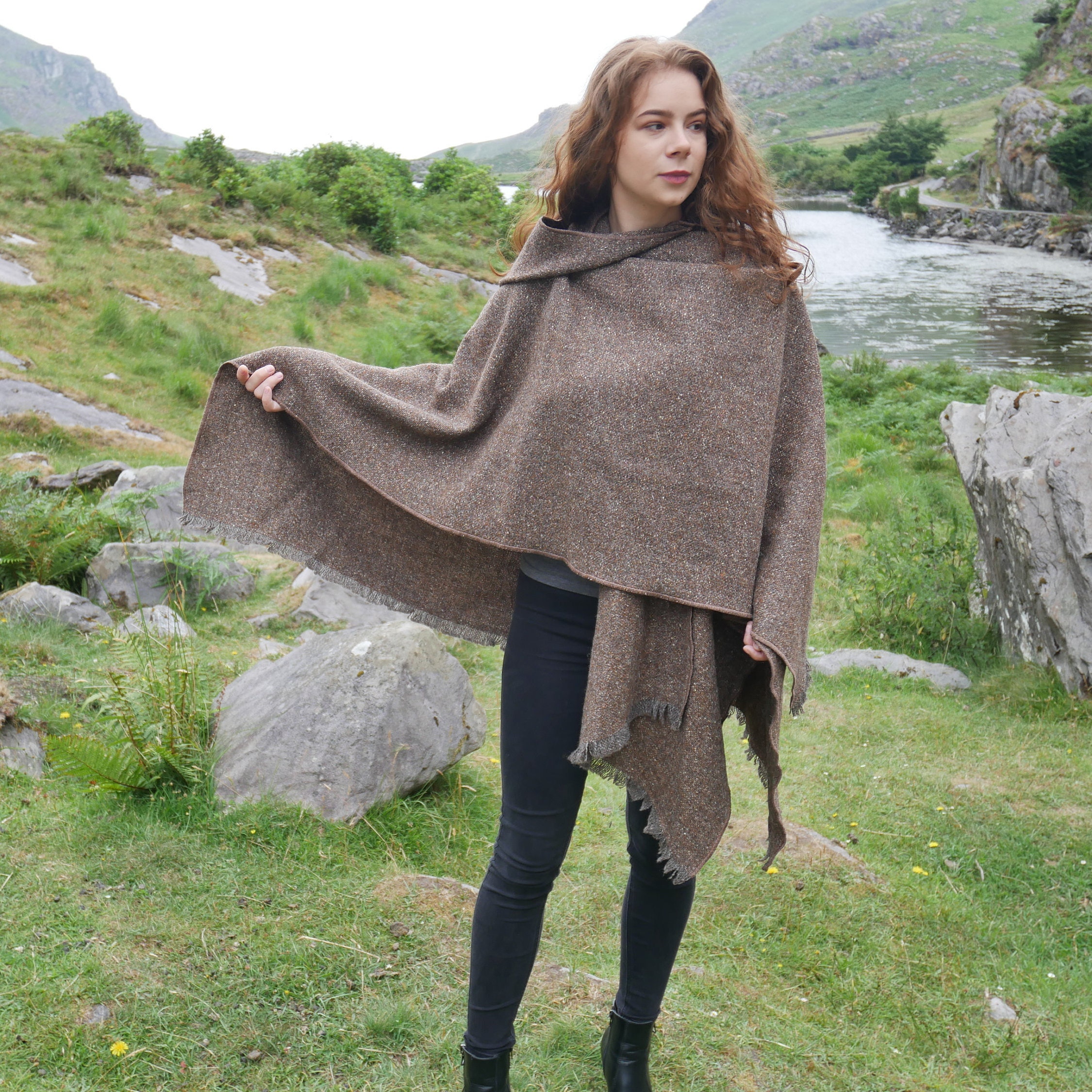 Irish Donegal Tweed Hooded Cape, Ruana, Cloak, Robe - Brown/Grey Salt ...