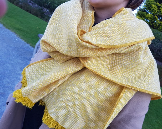 Irish tweed shawl, oversized scarf, stole -yellow/white - 100% pure new wool - hand fringed -ready for shipping - HANDMADE IN IRELAND