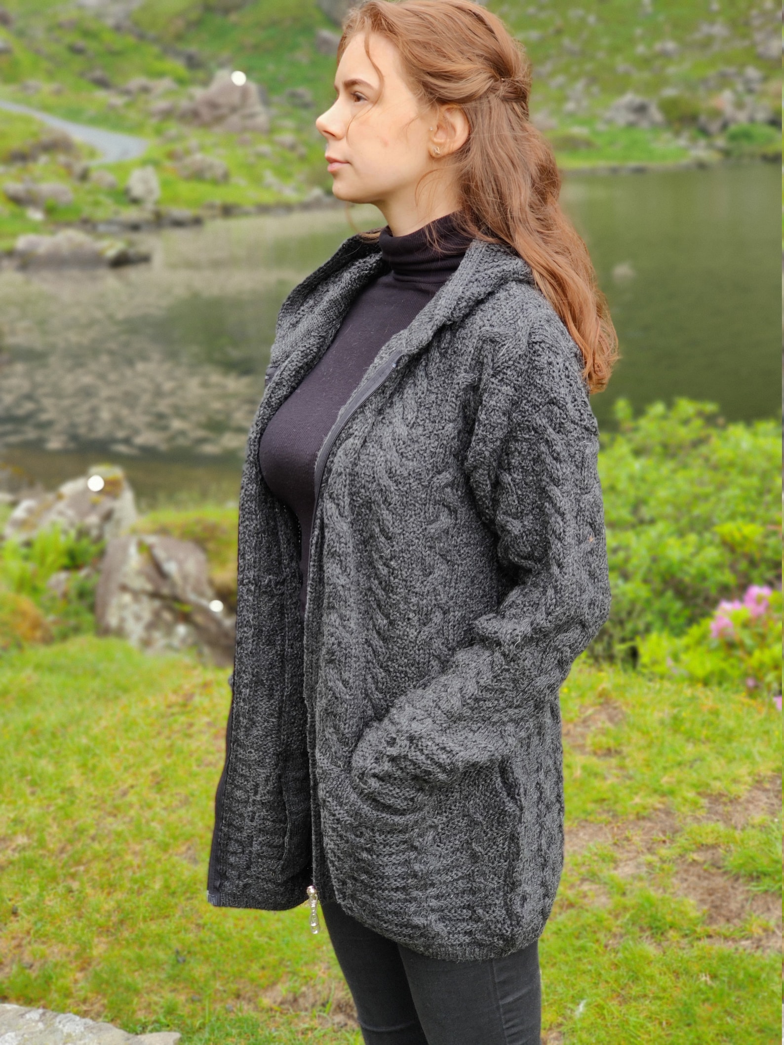 Irish Aran Long Hooded Cardigan With Pockets - Charcoal - 100% Pure New Wool / Pure Soft Merino Wool - Really Warm & Chunky- MADE IN IRELAND