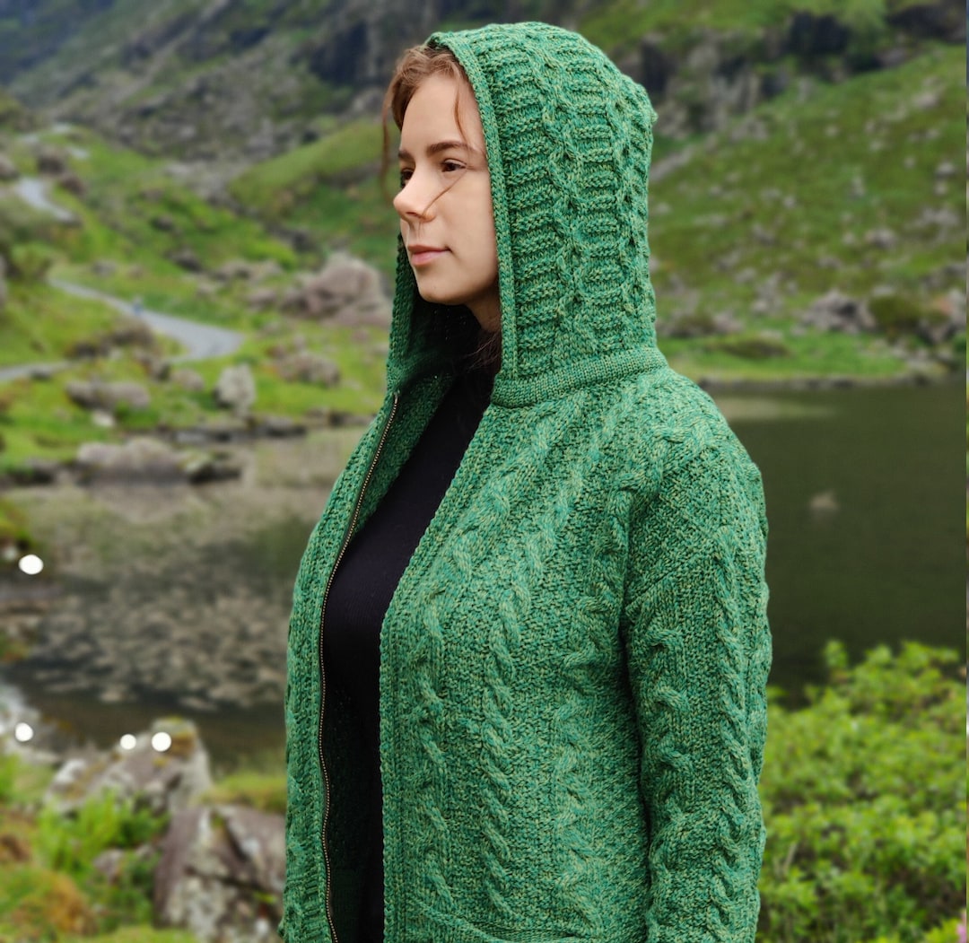 Irish Aran Hooded Zipper Cardigan Celtic Green 100 Pure New Wool Really Warm and Chunky Proper Aran MADE IN IRELAND Etsy