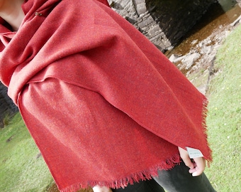 Irish tweed wool shawl, oversized scarf, stole - red -lightweight fabric - 100% wool -hand fringed- ready for shipping - HANDMADE IN IRELAND