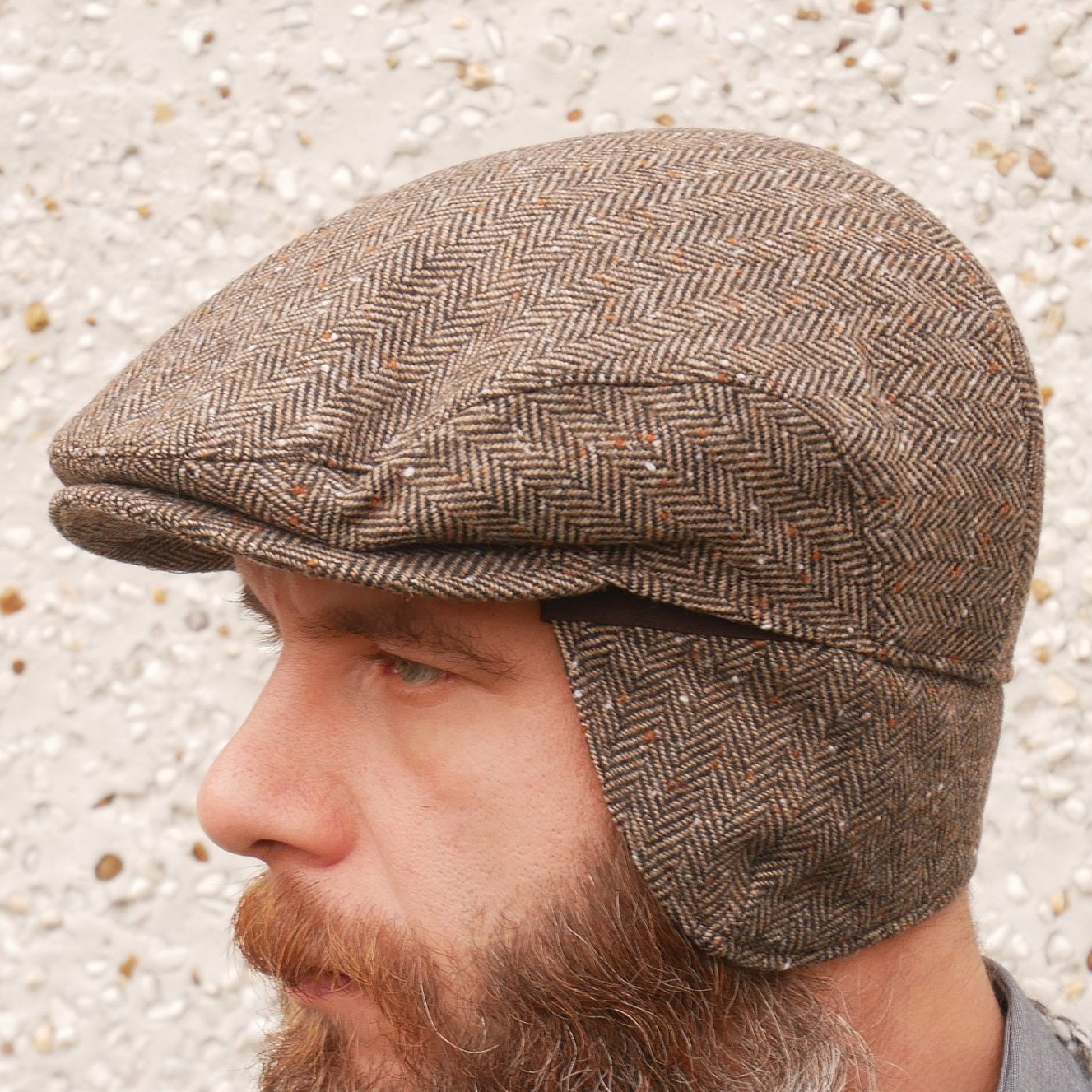 Traditional Irish tweed flat cap with foldable ear flaps-brown speckled ...