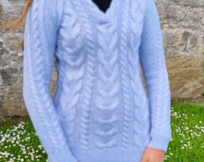 Ladies Irish Aran Cashmere / Merino Wool Long Sweater - Sky Marl Blue - V neck - Super Soft, Warm & Chunky - HANDMADE IN IRELAND