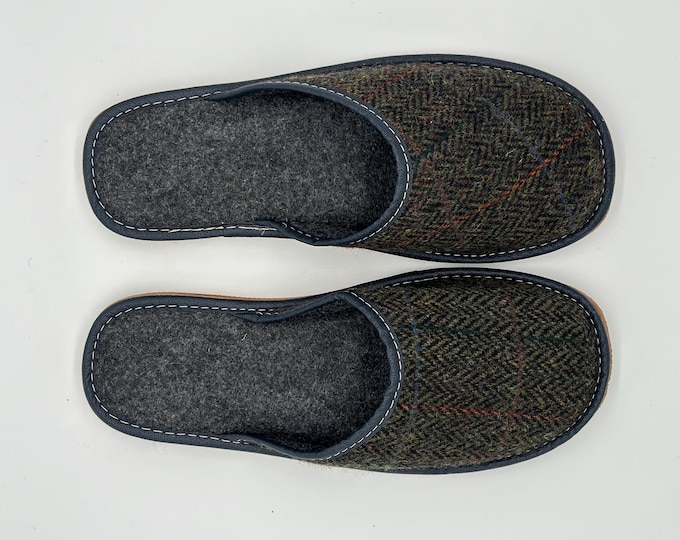 Handmade Mens Donegal Irish Tweed Wool Slippers – Luxurious Comfort for Every Day - Moss Green Herringbone/Overcheck - MADE IN IRELAND