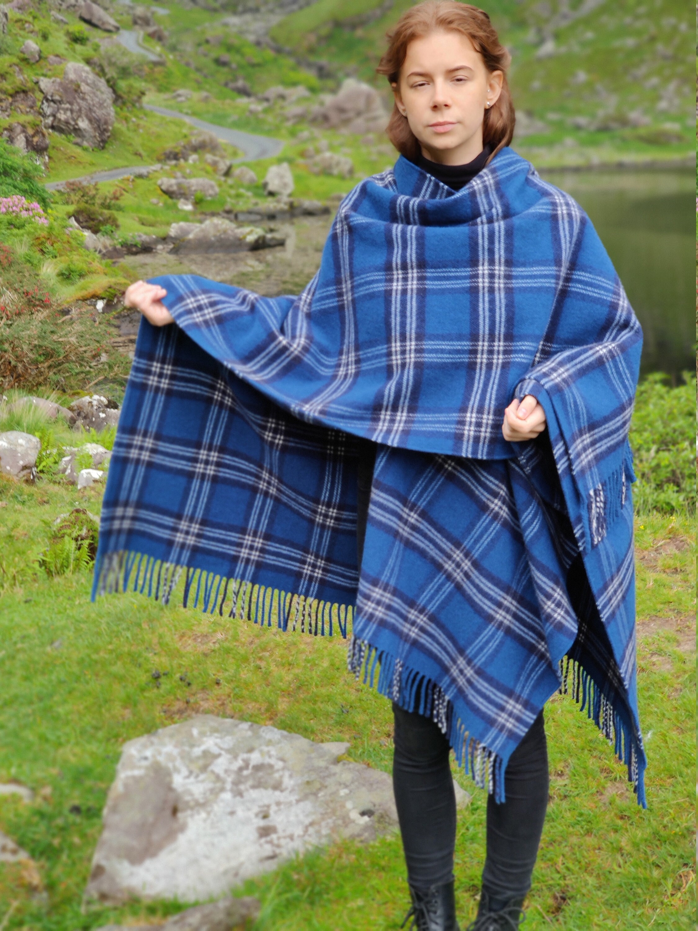 Irish tartan / plaid check ruana, Celtic wrap, cape - 50/50 merino wool